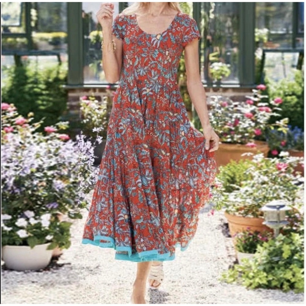 Soft Surroundings XL Kara Maxi Midi Dress Tiered Floral Red Teal - Picture 2 of 12